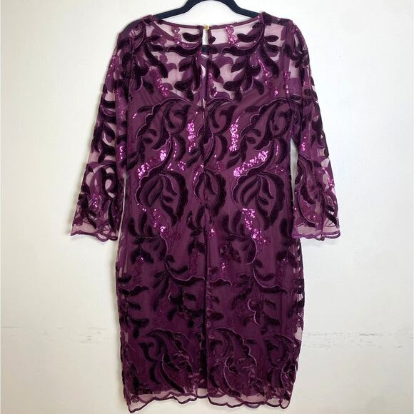 Donna Ricco Dress Sheath Velvet Embroidered Sequin Mesh Wine Size 8 Bordeaux - Picture 5 of 9